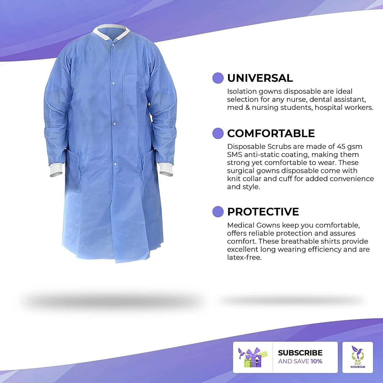 Disposable Lab Coat. Pack of 10 Blue Disposable Gowns Medium. 40 gsm SMS Surgical Gowns with Knit W