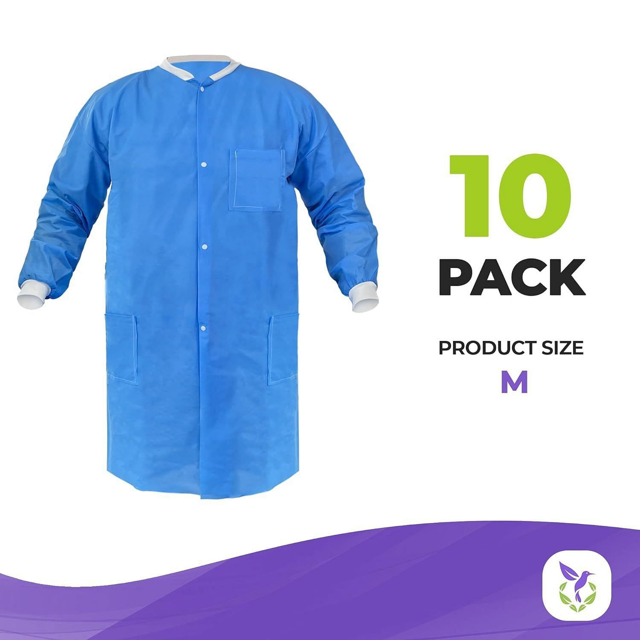 Disposable Lab Coat. Pack of 10 Blue Disposable Gowns Medium. 40 gsm SMS Surgical Gowns with Knit W