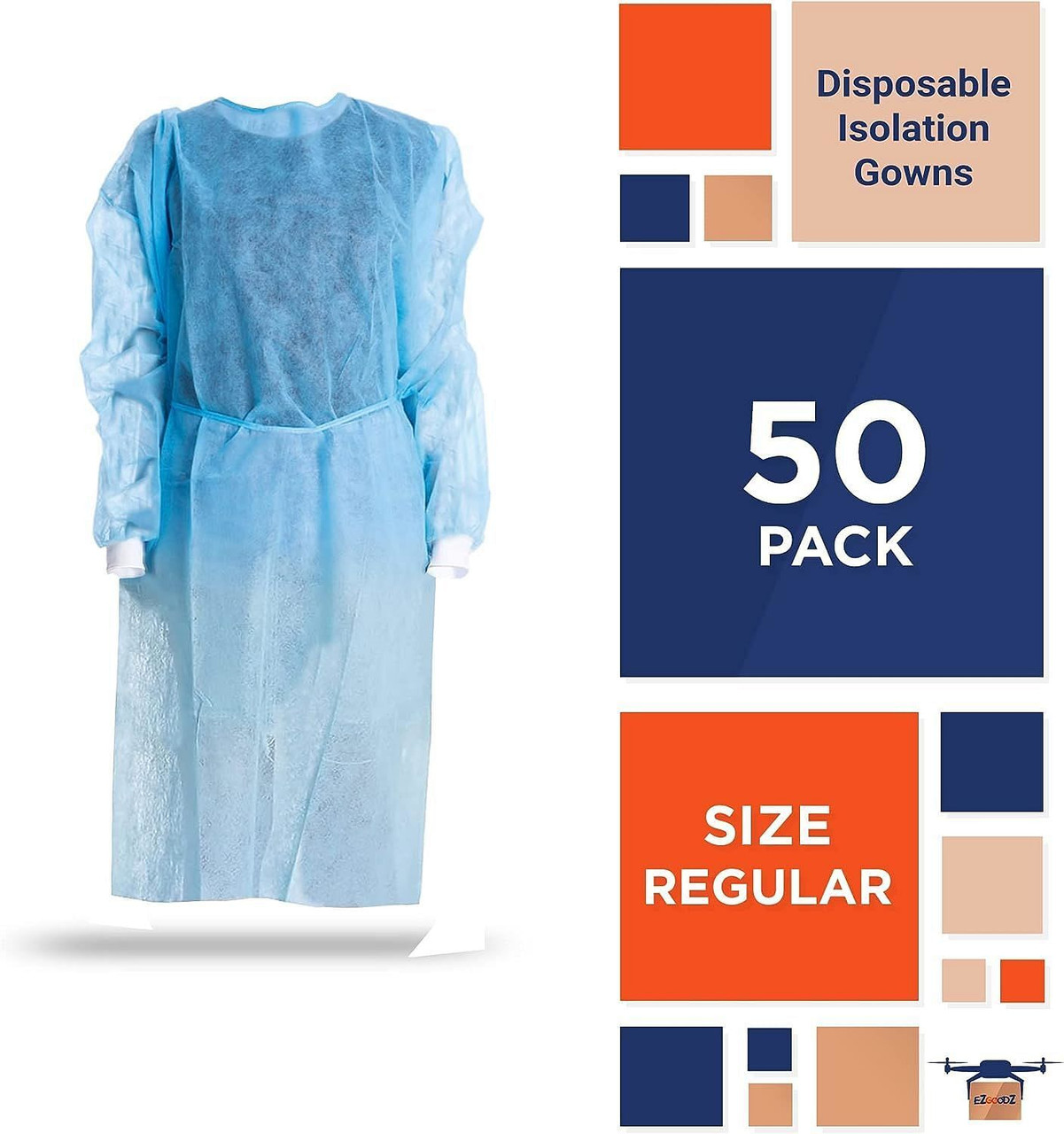 Disposable Isolation Gown Regular; Pack of 50 Blue Disposable Gowns with Sleeves; Knitted Cuffs; Ba