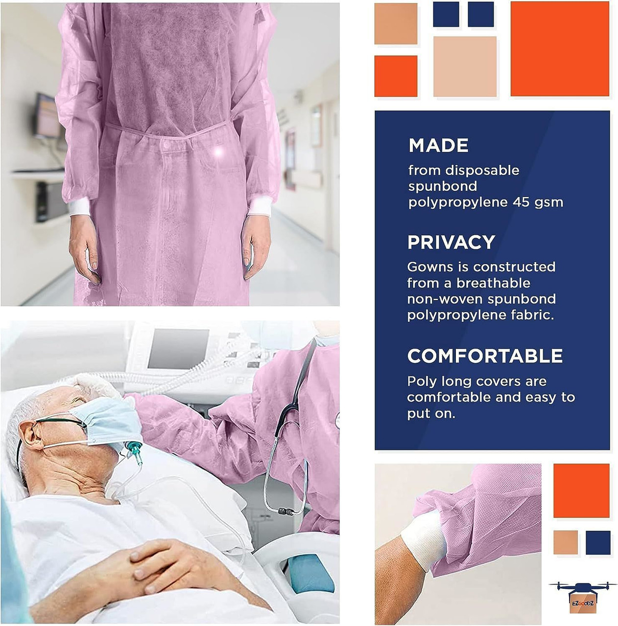 Disposable Isolation Gowns; Pack of 10 Pink SPP 45 gsm Frocks; Regular Protective Body Knee-Length 