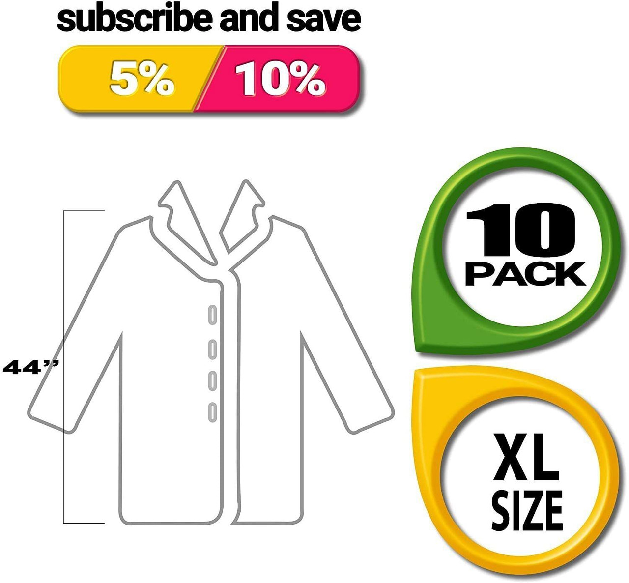 Pack of 10 White Lab Coats. Unisex XL Size Disposable Polypropylene Lab Coats 35 GSM Disposable Lab