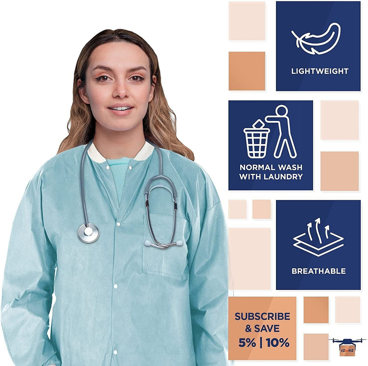 Disposable Lab Jackets; 33" Long. Pack of 100 Sky Blue Hip-Length Work Gowns XX-Large. SMS 50 gsm S