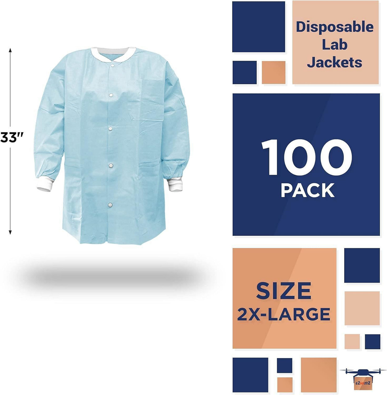 Disposable Lab Jackets; 33" Long. Pack of 100 Sky Blue Hip-Length Work Gowns XX-Large. SMS 50 gsm S