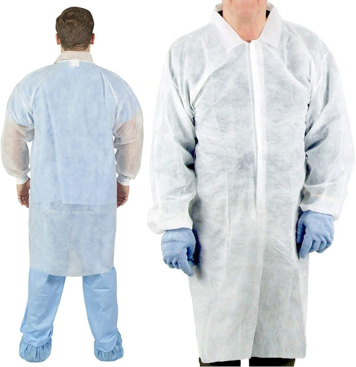 White Disposable Lab Coats for Adults X-Large 42' Long; PPE Breathable Disposable Smocks Pack of 30