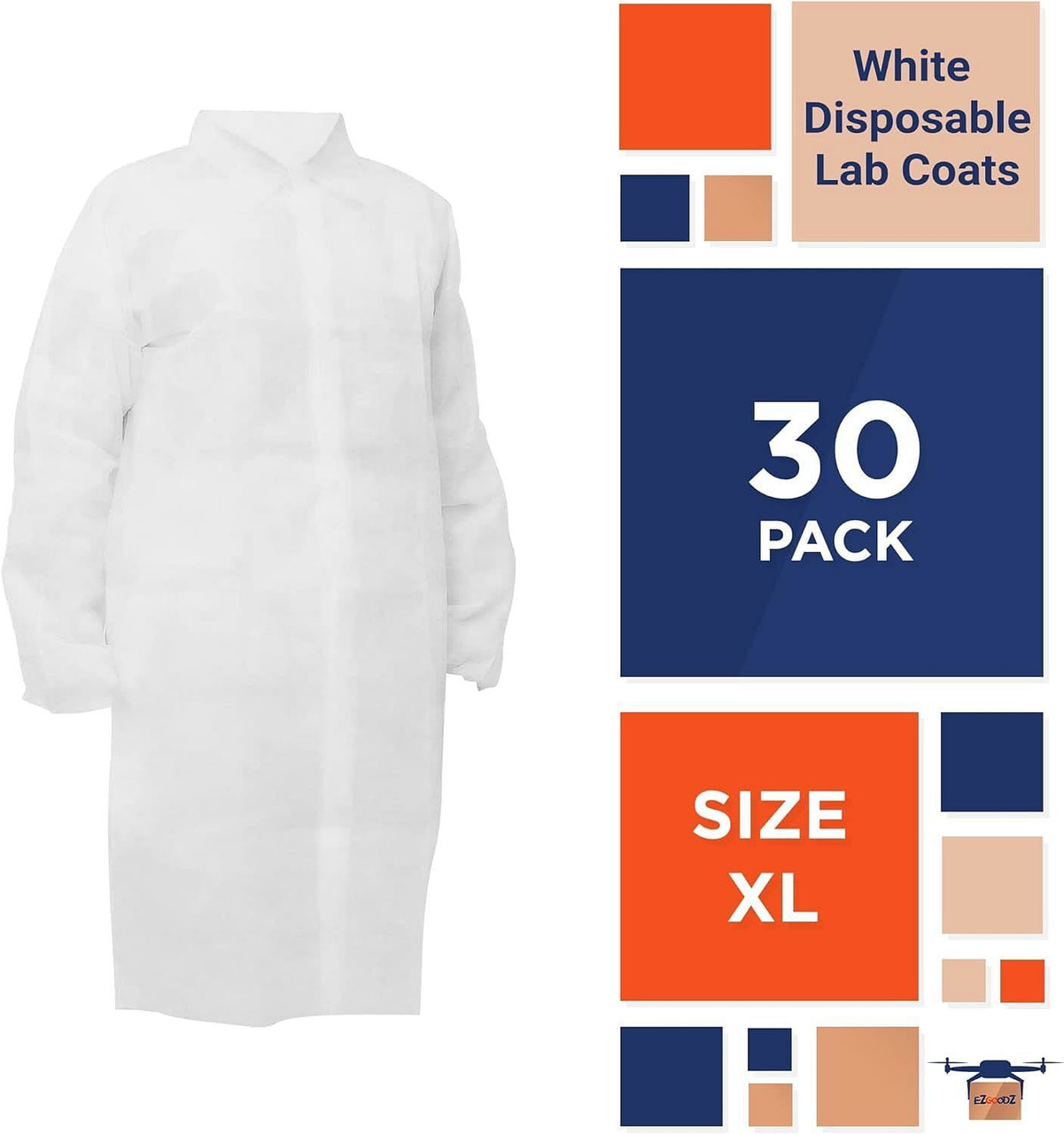 White Disposable Lab Coats for Adults X-Large 42' Long; PPE Breathable Disposable Smocks Pack of 30