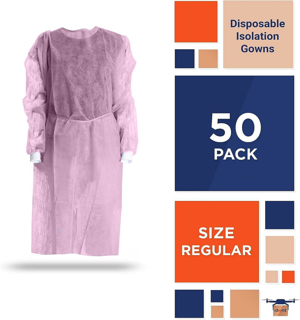 Disposable Isolation Gown Regular; Pack of 50 Pink Disposable Gowns with Sleeves; Knitted Cuffs; Ba