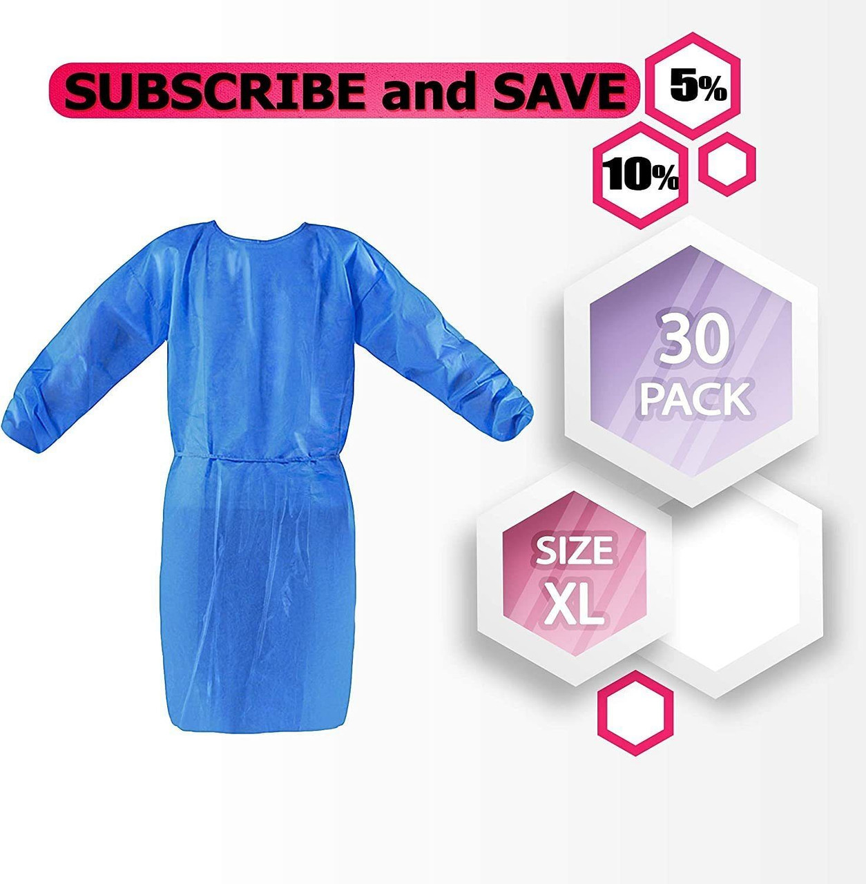 Polyethylene Isolation Gowns Blue. Pack of 30 Adult Disposable Gowns Large. Fluid-Resistant PE Gown