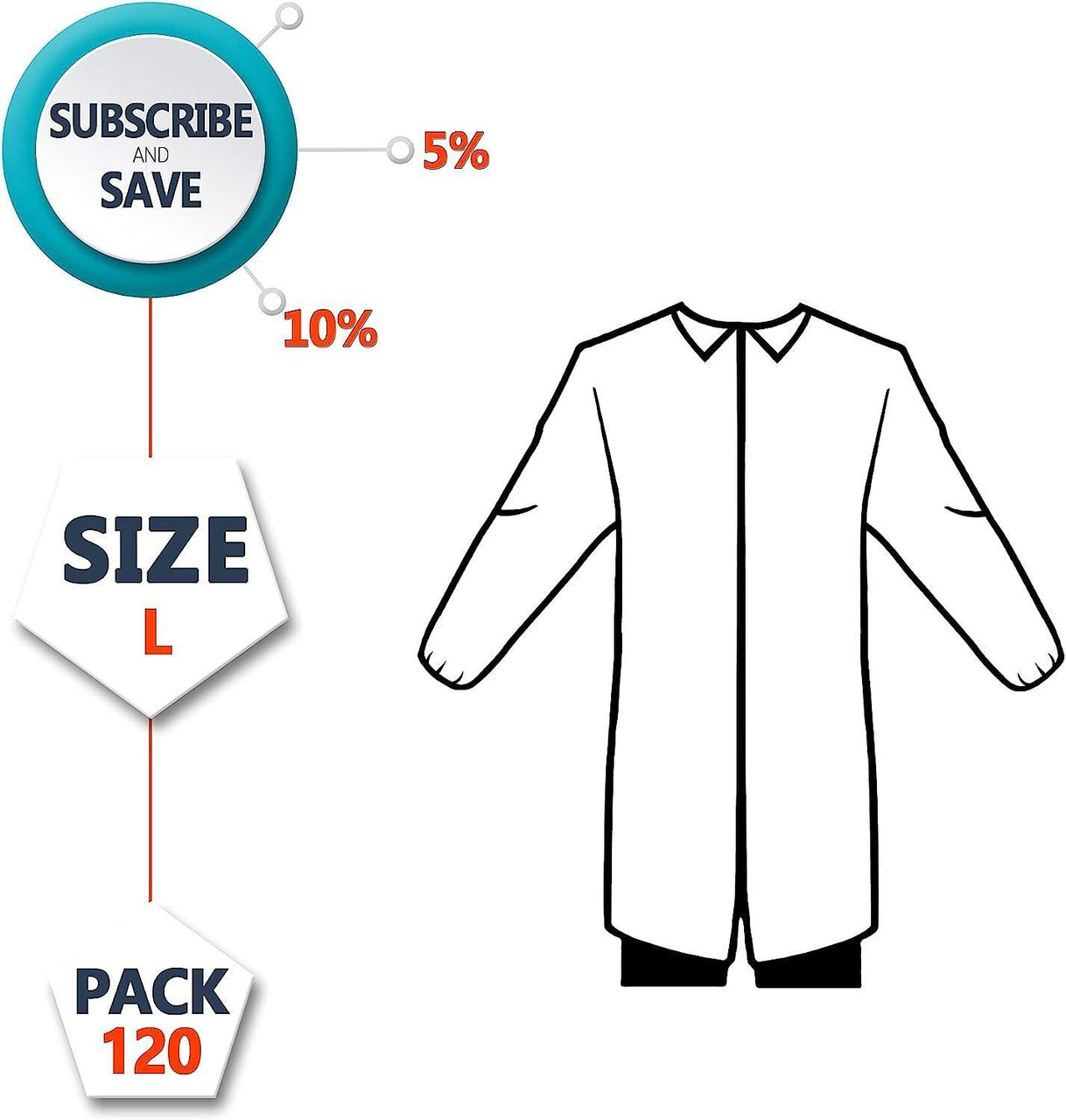 Disposable Lab Coats Pack of 120 White Large Adult Polypropylene 35 GSM Lab Clothing No Pockets Lon