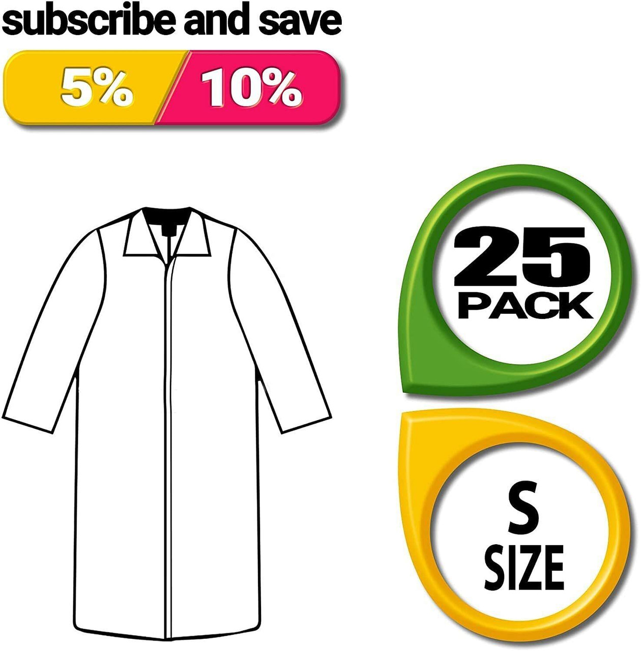 25 Pack White 42gm Polypropylene Lab Coats Small Size. No Pockets; Snap Front; Elastic Wrists. Disp