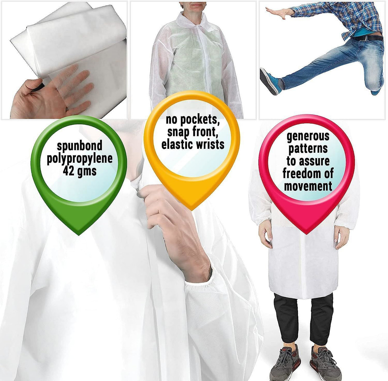 25 Pack White 42gm Polypropylene Lab Coats Small Size. No Pockets; Snap Front; Elastic Wrists. Disp