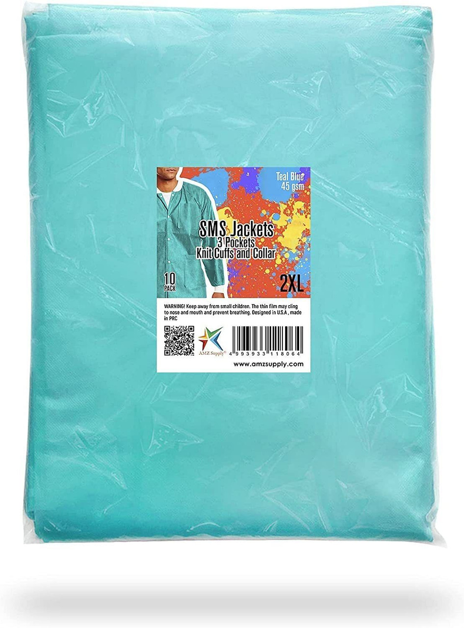 AMZ Medical Supply Disposable Shirts. Pack of 10 Teal Blue Lab Jackets XX-Large. 45 gsm SMS Hip Len