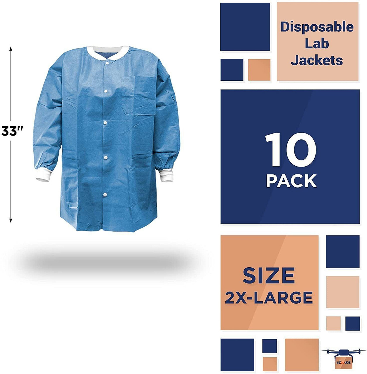 Disposable Lab Jackets. Pack of 10 Ceil Blue Hip-Length Work Gowns XX-Large. SMS 50 gsm Coats with 