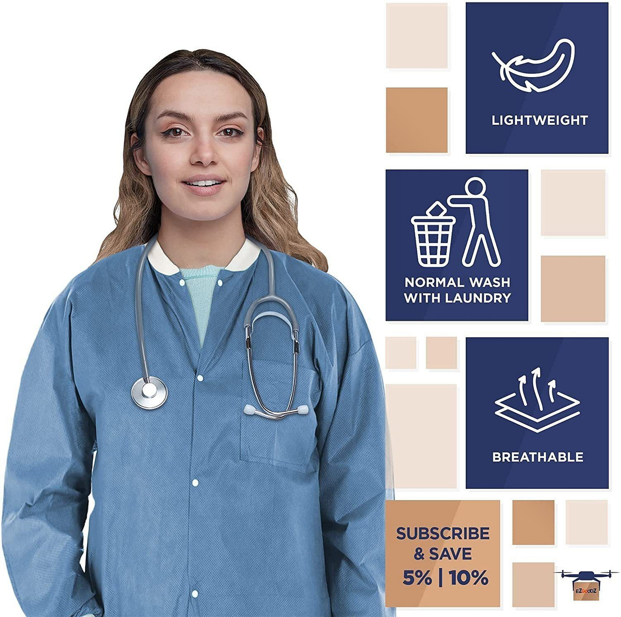 Disposable Lab Jackets. Pack of 10 Ceil Blue Hip-Length Work Gowns XX-Large. SMS 50 gsm Coats with 