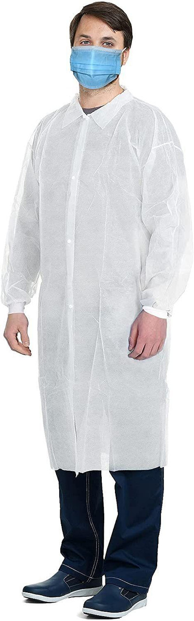 Disposable Lab Coats. Pack of 10 White Adult Frocks. X-Large Polypropylene 50gm/m2 Garment. Non-Ste