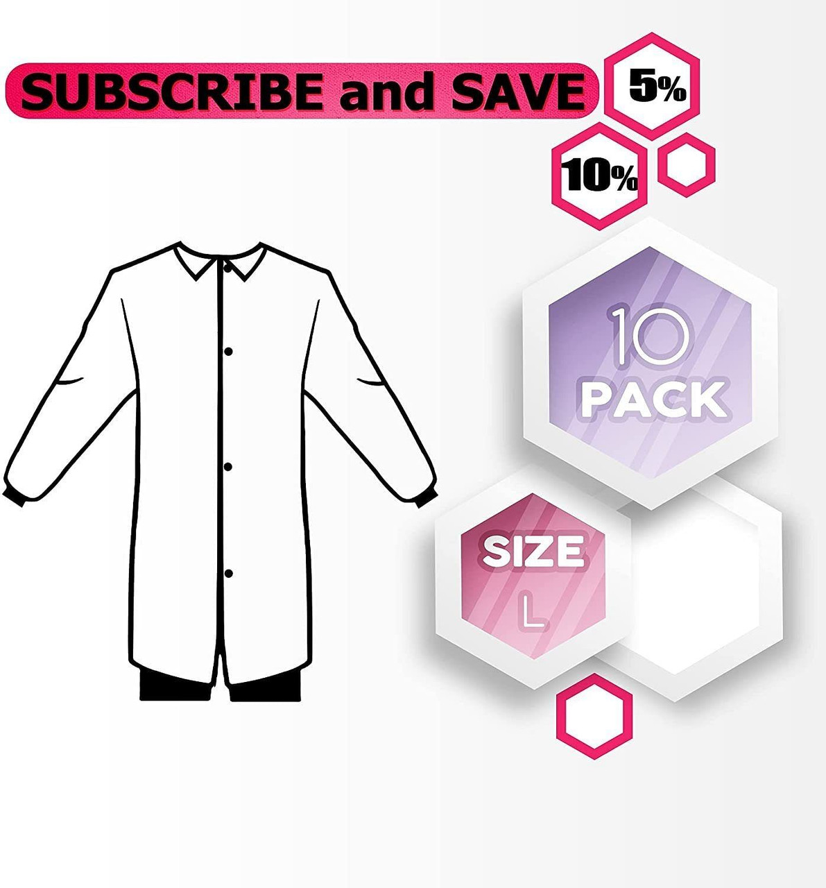 Disposable Lab Coats. Pack of 10 White Adult Frocks. X-Large Polypropylene 50gm/m2 Garment. Non-Ste