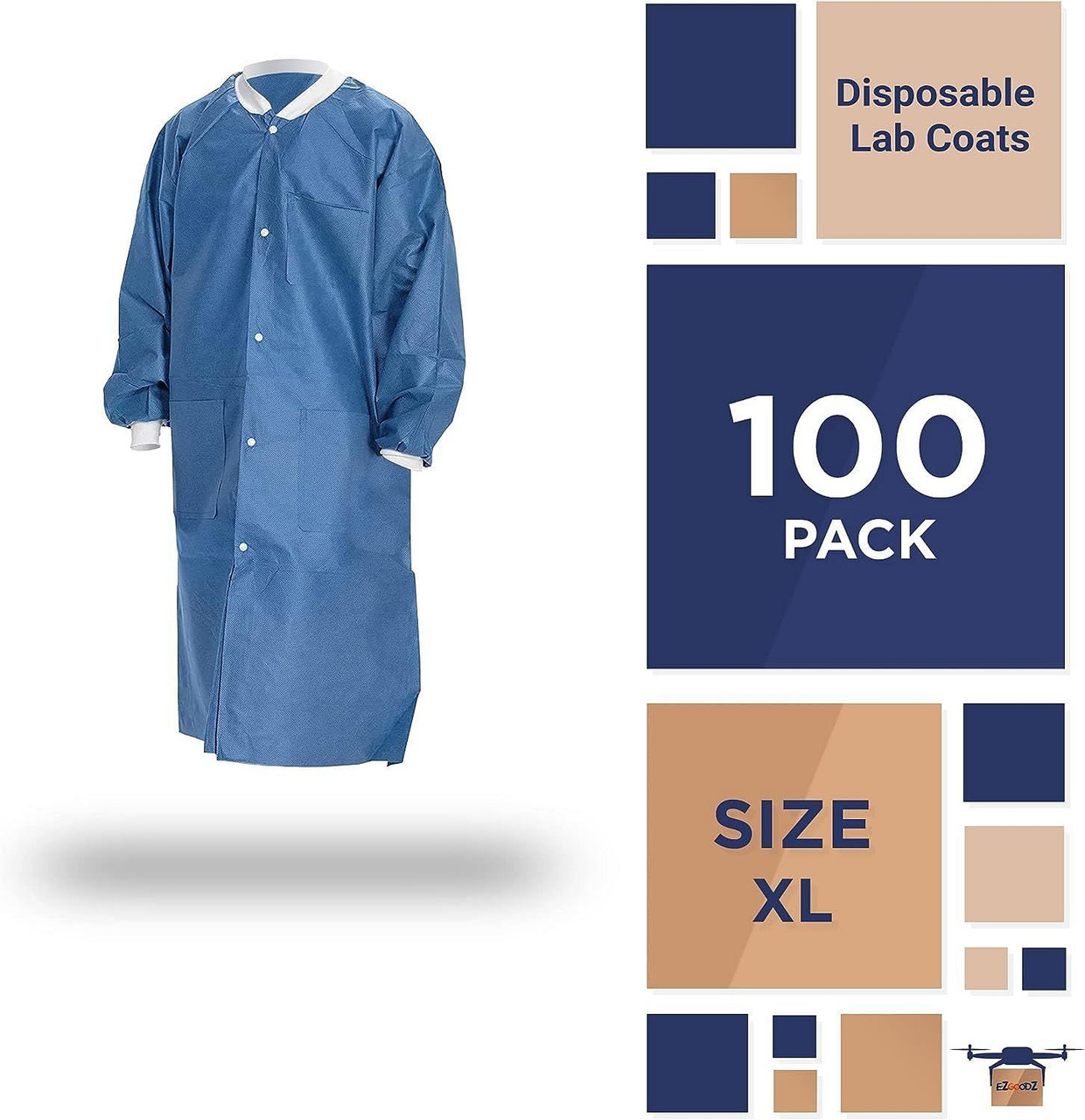 Disposable Lab Coats 41" Long. Pack of 100 Blue Adult Work Gowns X-Large. SMS 40 gsm PPE Clothing w