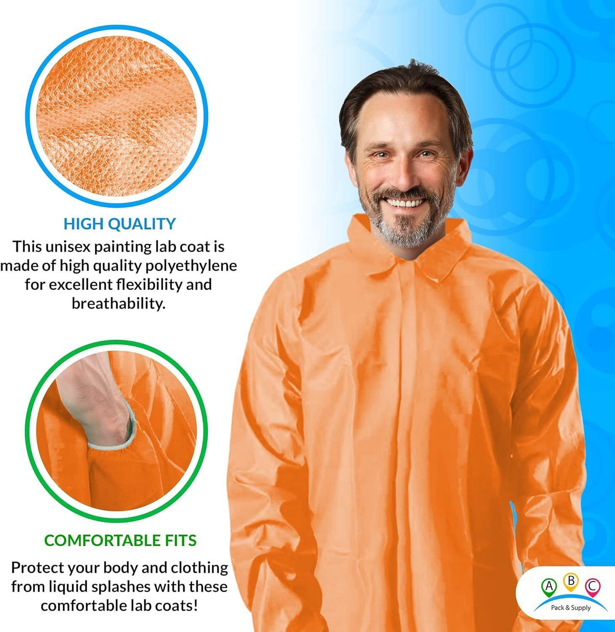 Pack of 50 Orange Lab Coats 3XL Size. Unisex Disposable Polyethylene Labcoats Liquid-proof Workwear