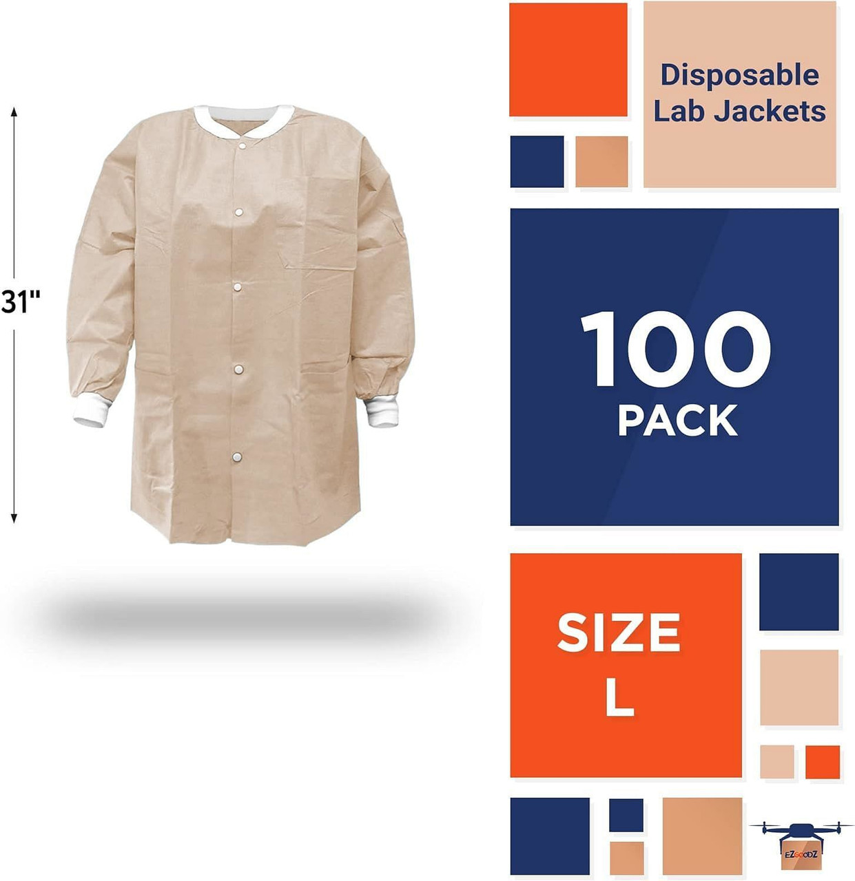 EZGOODZ Disposable Lab Jackets; 31" Long. Pack of 100 Tan Hip-Length Work Gowns Large. SMS 50 gsm S