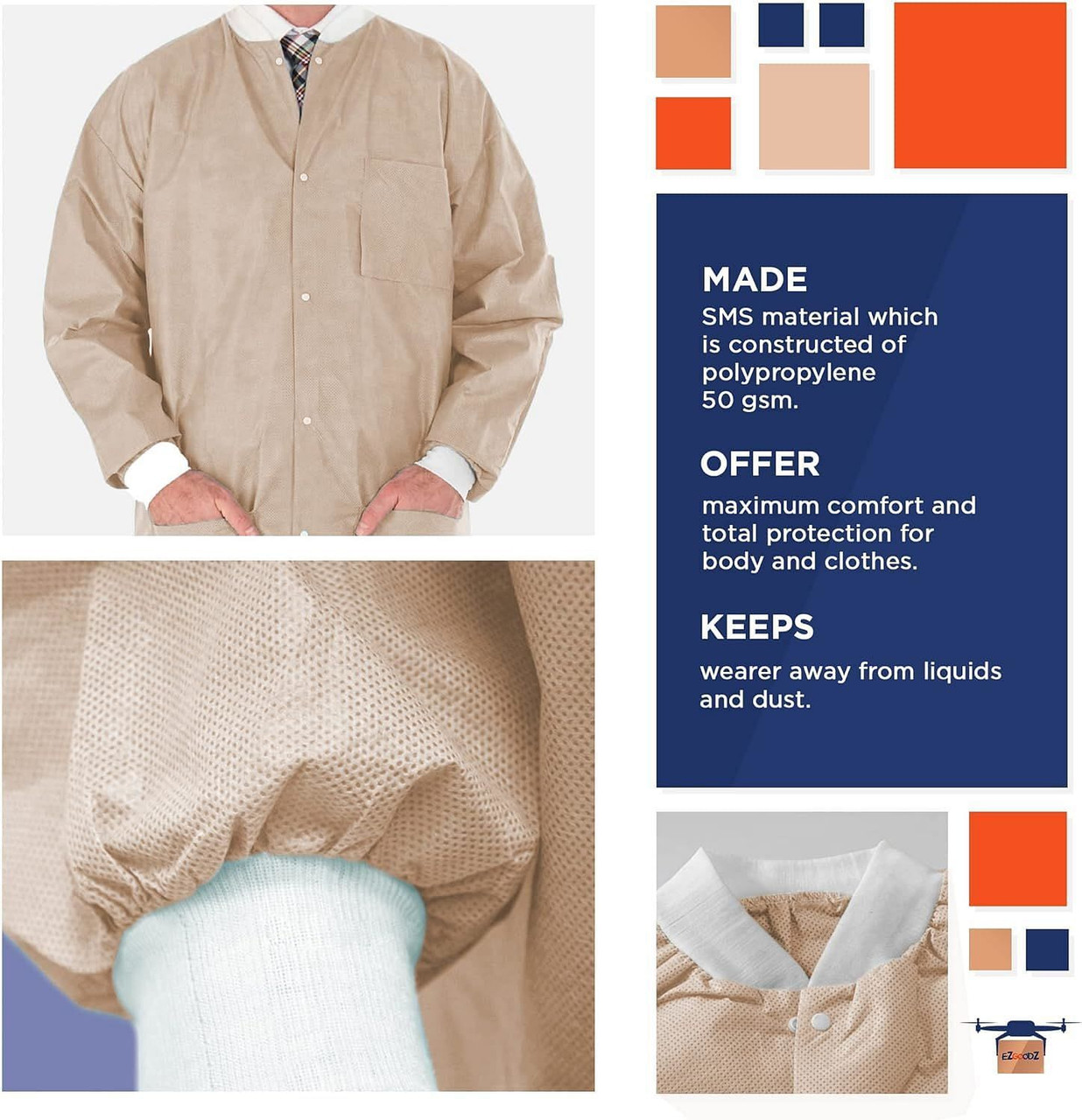 EZGOODZ Disposable Lab Jackets; 31" Long. Pack of 100 Tan Hip-Length Work Gowns Large. SMS 50 gsm S