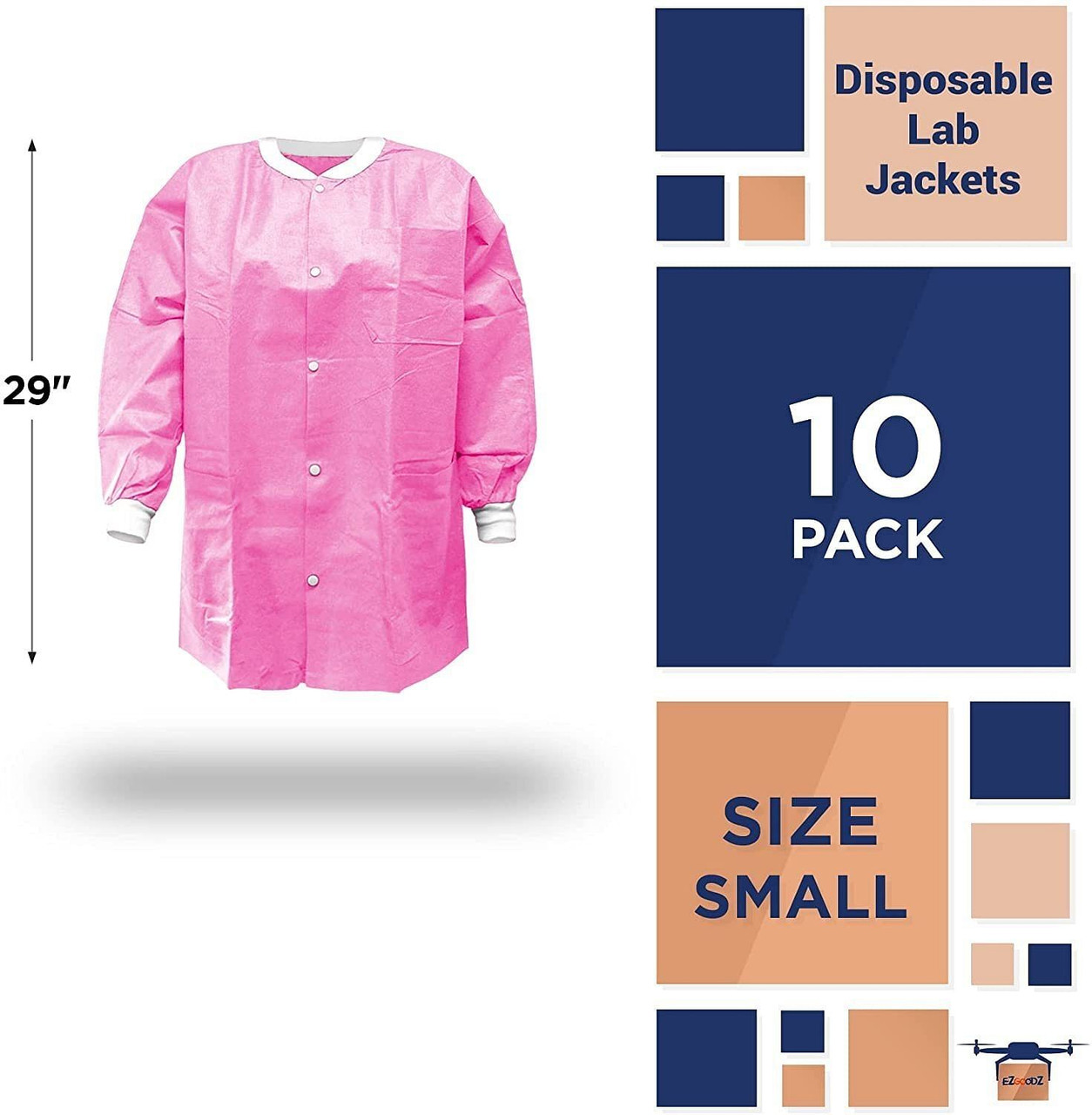 Disposable Lab Jackets; 29" Long. Pack of 10 Pink Hip-Length Work Gowns Small. SMS 50 gsm Shirts wi