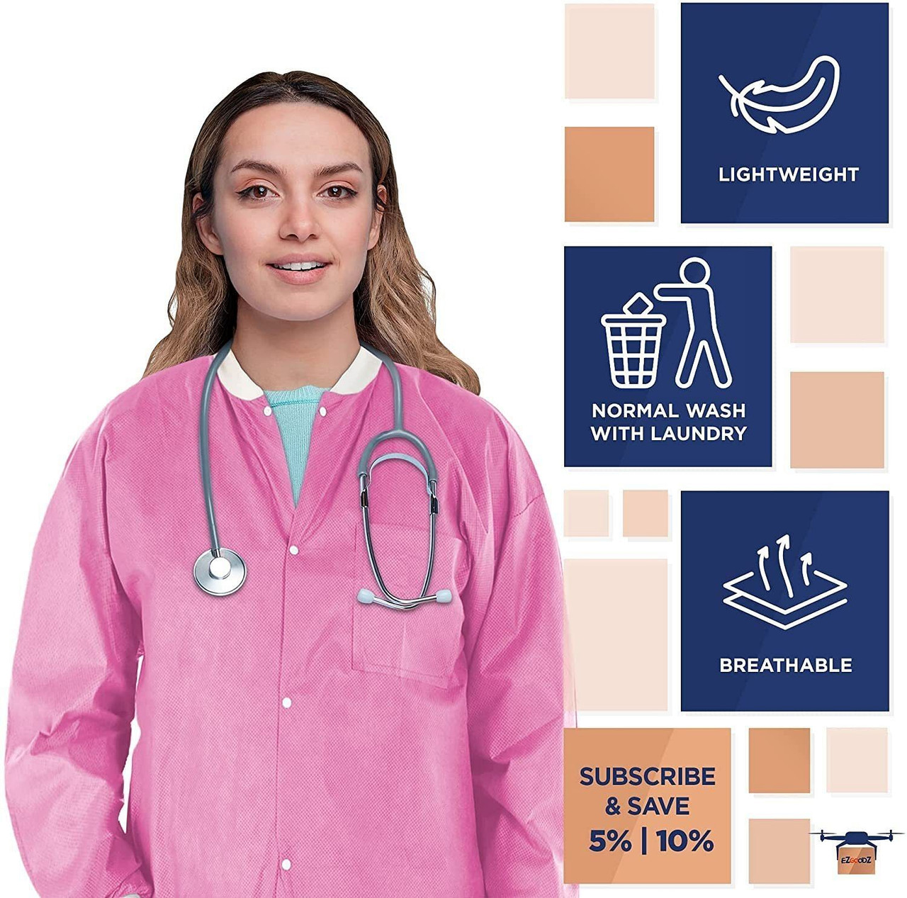 Disposable Lab Jackets; 29" Long. Pack of 10 Pink Hip-Length Work Gowns Small. SMS 50 gsm Shirts wi