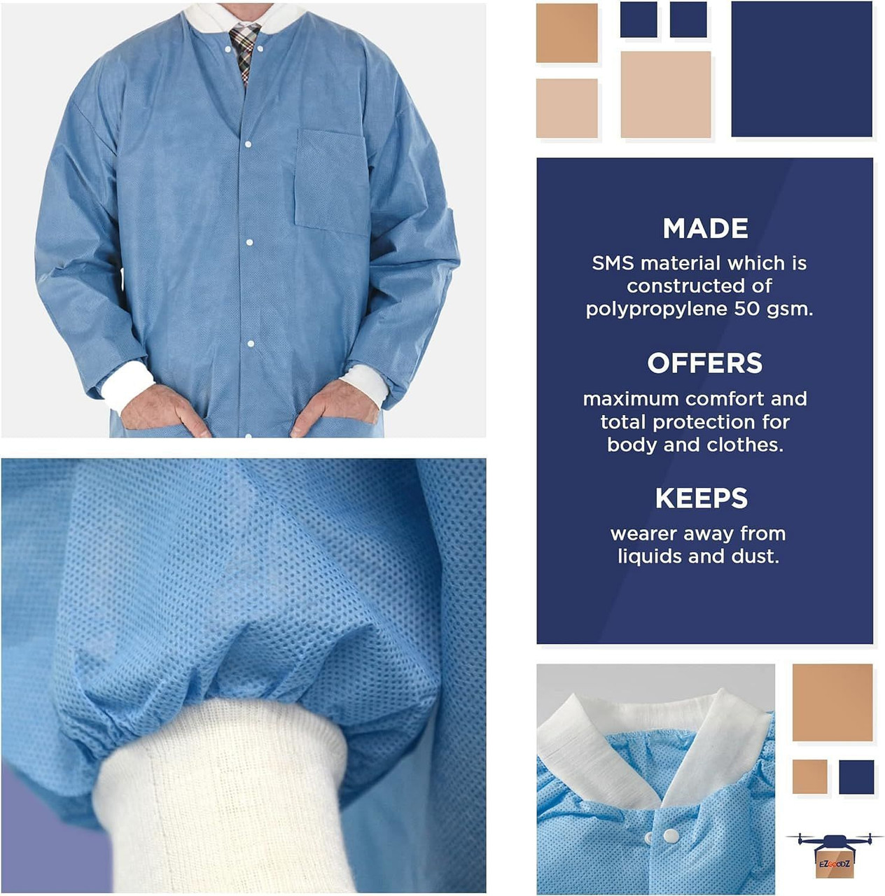 Disposable Lab Jackets; 32 inch Long; Pack of 10 Blue Hip-Length Work Gowns; 50 gsm Shirts with Sna