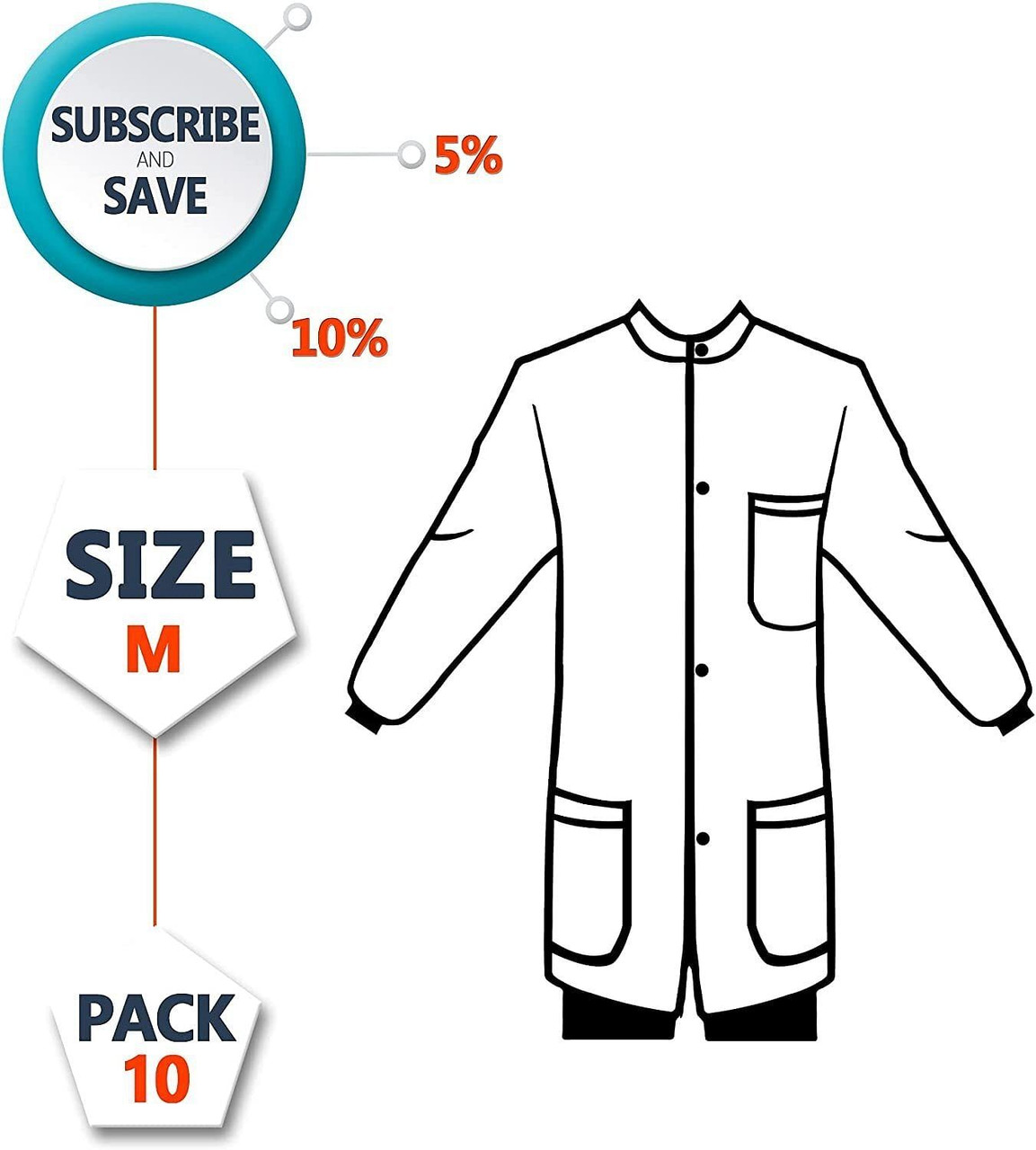 Disposable Lab Coats. Pack of 10 Sky Blue SPP 45 gsm Work Gowns Medium. Protective Clothing with Sn