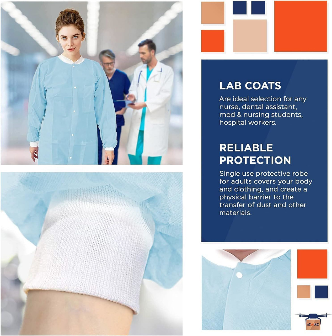 Disposable Lab Coats. Pack of 10 Sky Blue SPP 45 gsm Work Gowns Medium. Protective Clothing with Sn