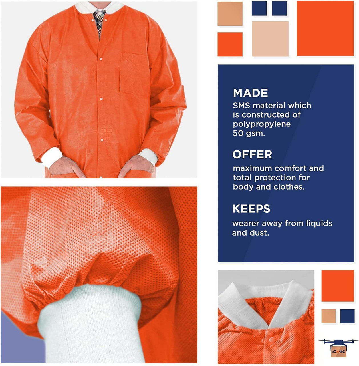 EZGOODZ Disposable Lab Jackets; 31" Long. Pack of 100 Orange Hip-Length Work Gowns Large. SMS 50 gs