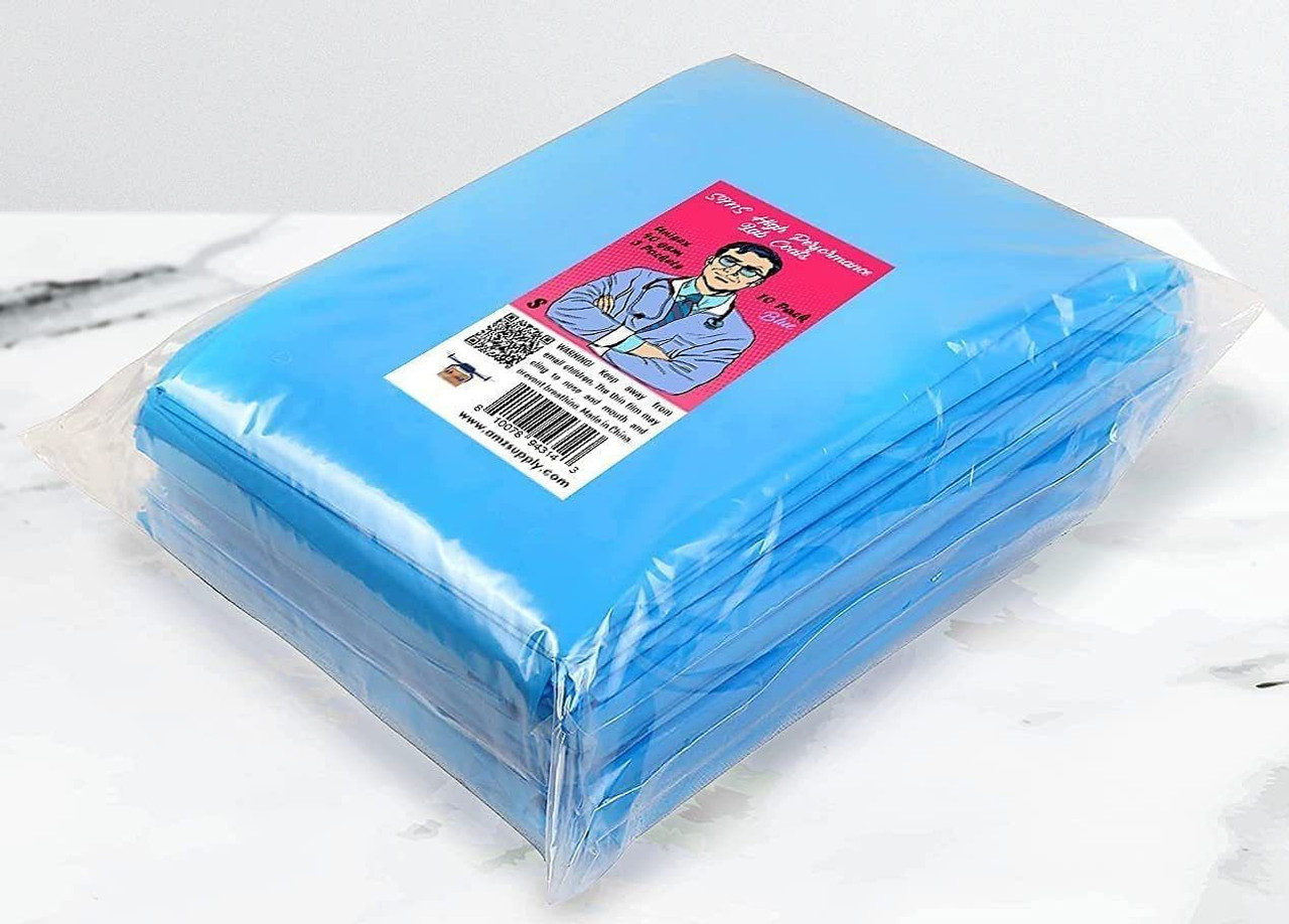 Disposable Lab Coats 44" Long. Pack of 100 Medical Blue Work Gowns Large. SMS 40 gsm PPE Clothing w