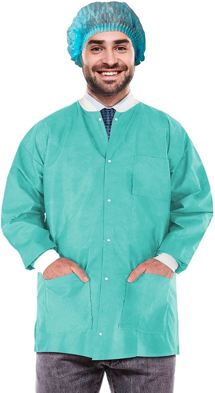 Disposable Lab Jackets; 30" Long. Pack of 10 Teal Hip Length Work Gowns Medium. SMS 50 gsm Shirts w