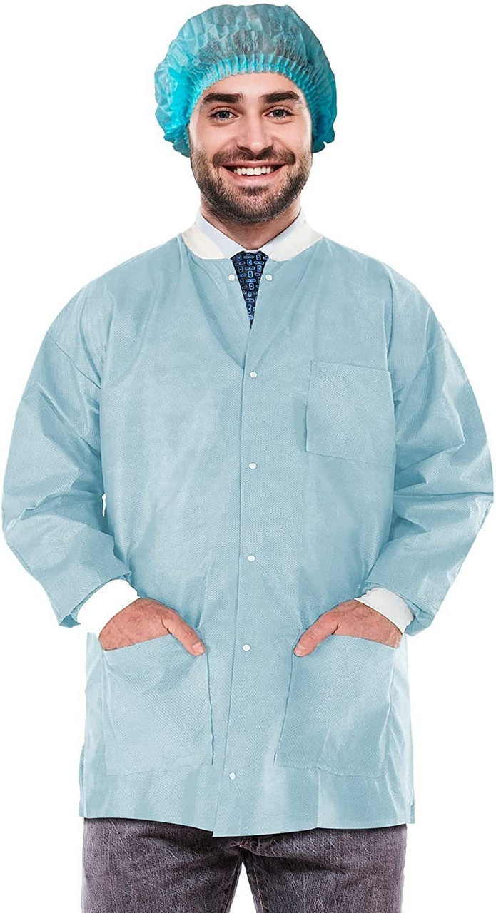 Disposable Lab Jackets; 29" Long. Pack of 10 Sky Blue Hip-Length Work Gowns Small. SMS 50 gsm Shirt