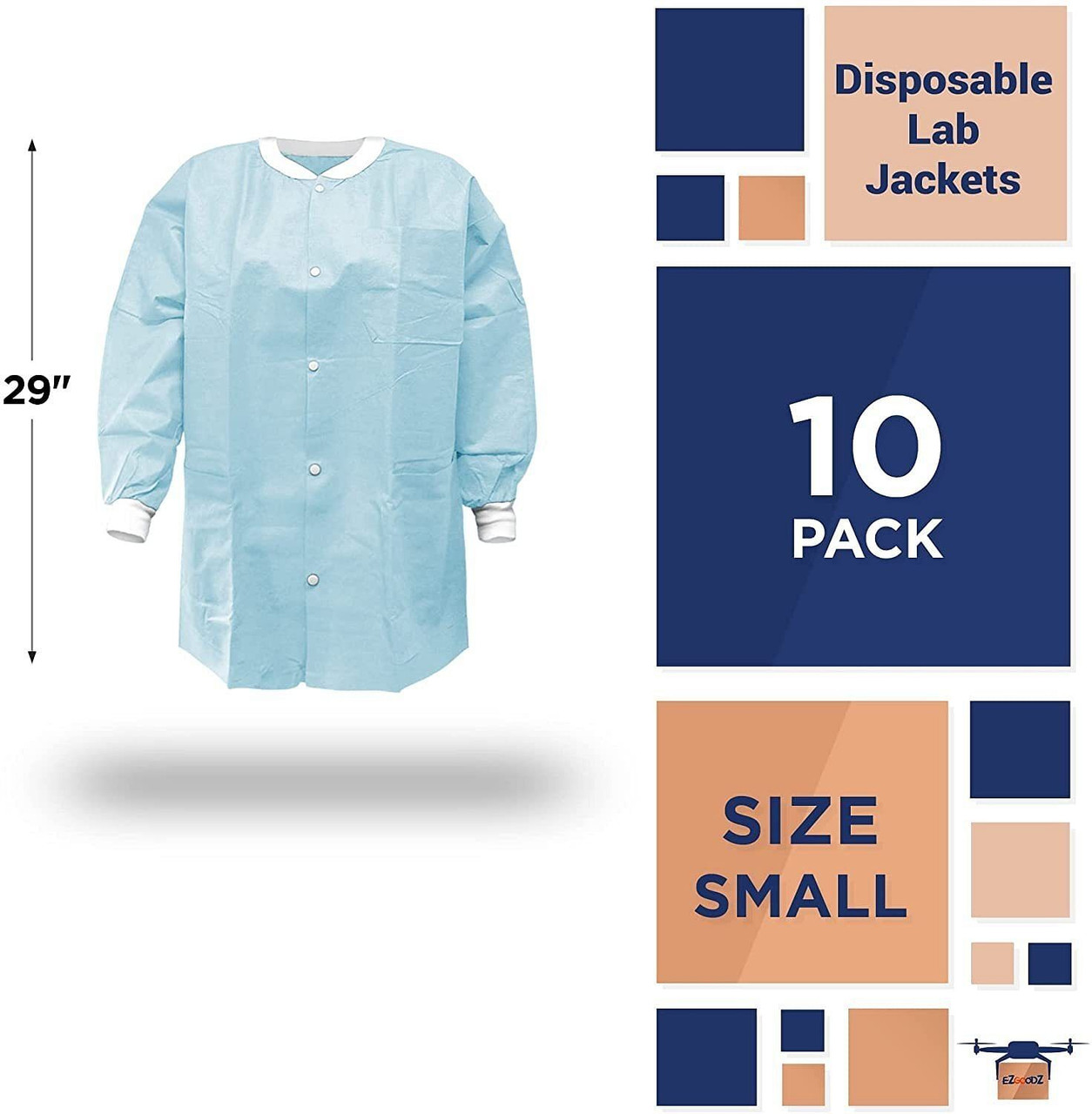 Disposable Lab Jackets; 29" Long. Pack of 10 Sky Blue Hip-Length Work Gowns Small. SMS 50 gsm Shirt