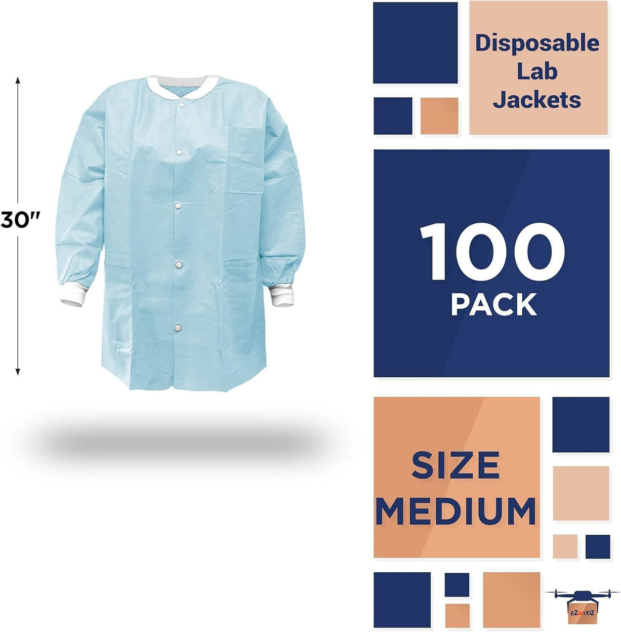 Disposable Lab Jackets; 30" Long. Pack of 100 Sky Blue Hip-Length Work Gowns Medium. SMS 50 gsm Shi