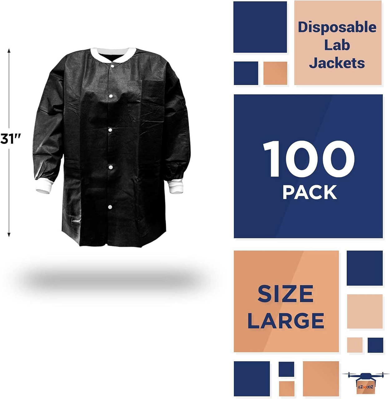 Disposable Lab Jackets; 31" Long. Pack of 100 Black Hip-Length Work Gowns Large. SMS 50 gsm Shirts 