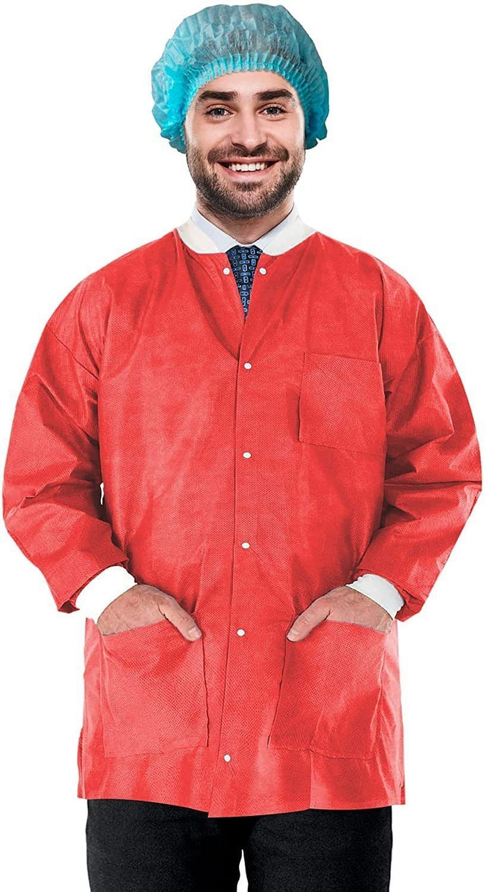 Disposable Lab Jackets; 31" Long. Pack of 100 Red Hip Length Work Gowns Large. SMS 50 gsm Shirts wi