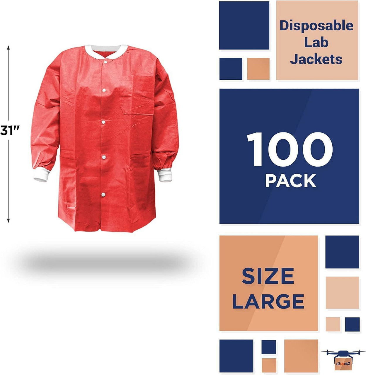 Disposable Lab Jackets; 31" Long. Pack of 100 Red Hip Length Work Gowns Large. SMS 50 gsm Shirts wi