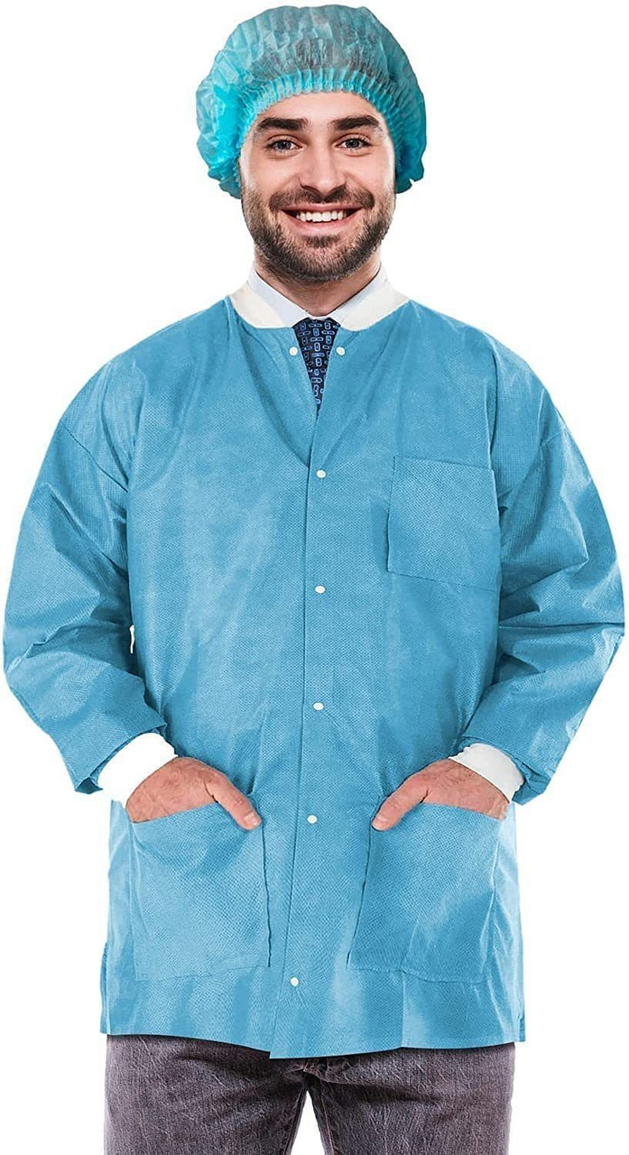 EZGOODZ Disposable Lab Jackets; 30" Long. Pack of 100 True Blue Hip-Length Work Gowns Medium. SMS 5