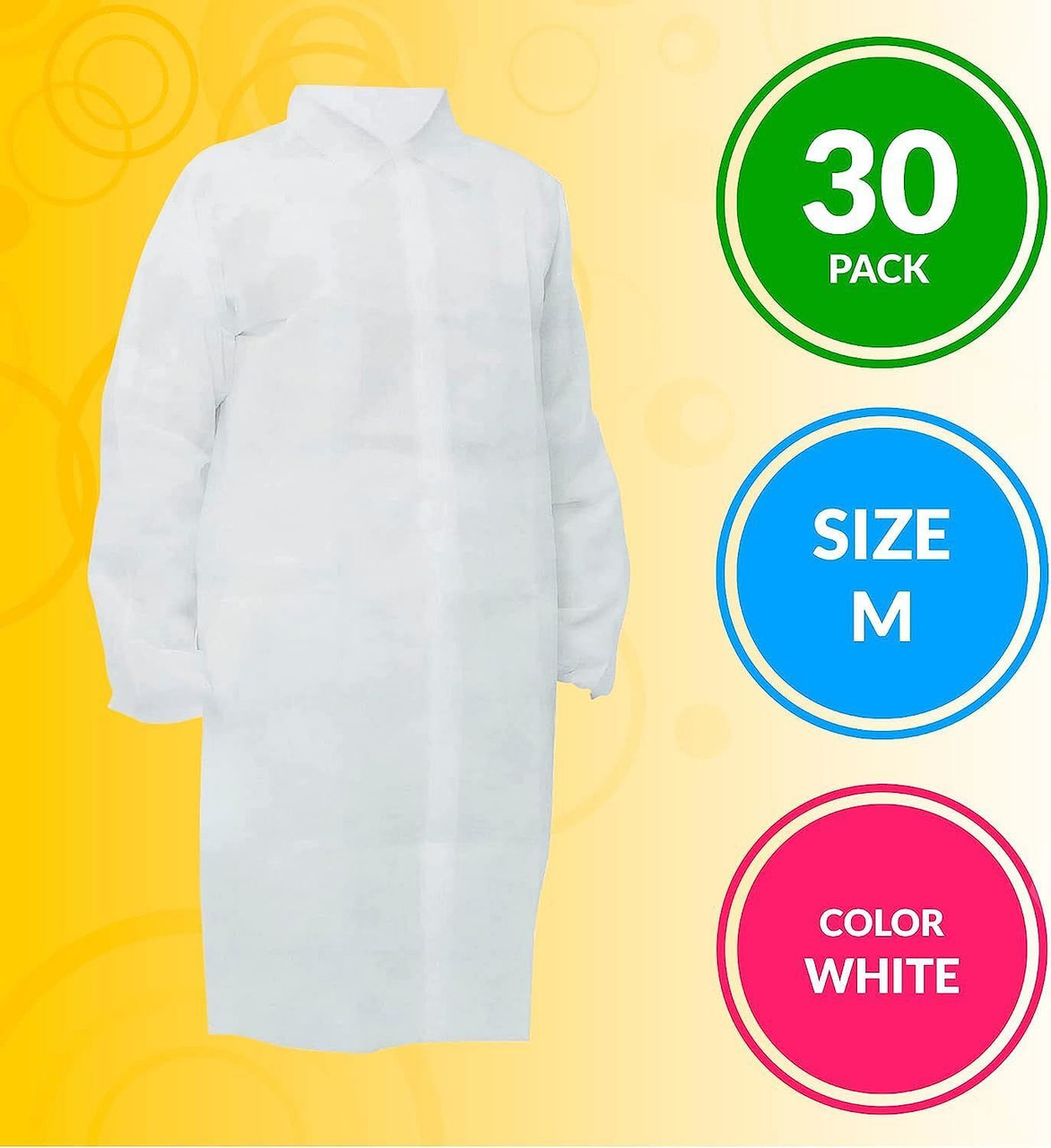 Pack of 30 White Lab Coats Medium Size. Unisex Disposable Polypropylene Labcoats. 3 Snaps; Collar; 