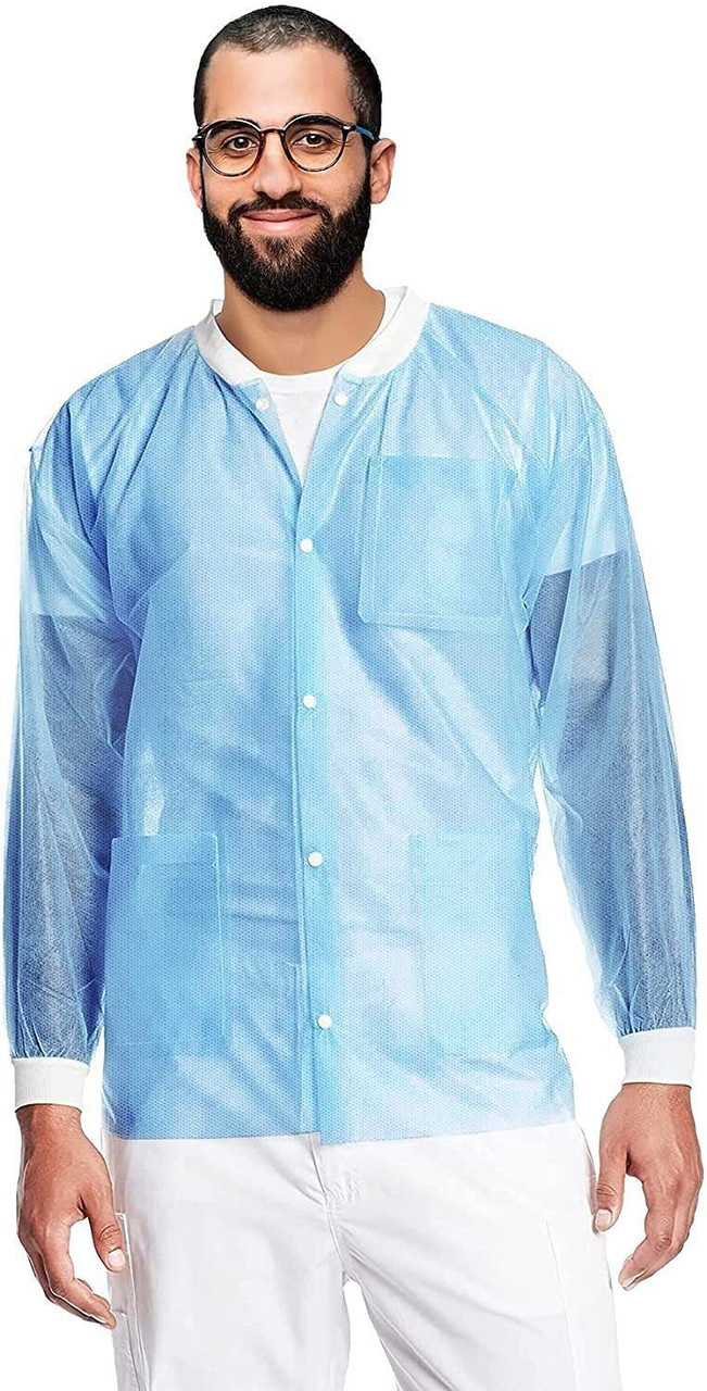 Disposable Lab Jackets 31" Long in Bulk. Pack of 100 Blue Hip-Length Work Gowns Large. SPP 45 gsm S