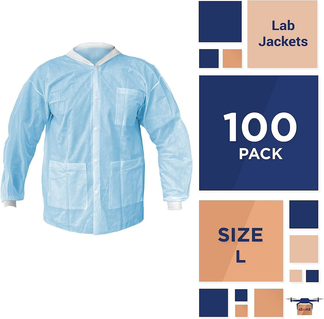 Disposable Lab Jackets 31" Long in Bulk. Pack of 100 Blue Hip-Length Work Gowns Large. SPP 45 gsm S