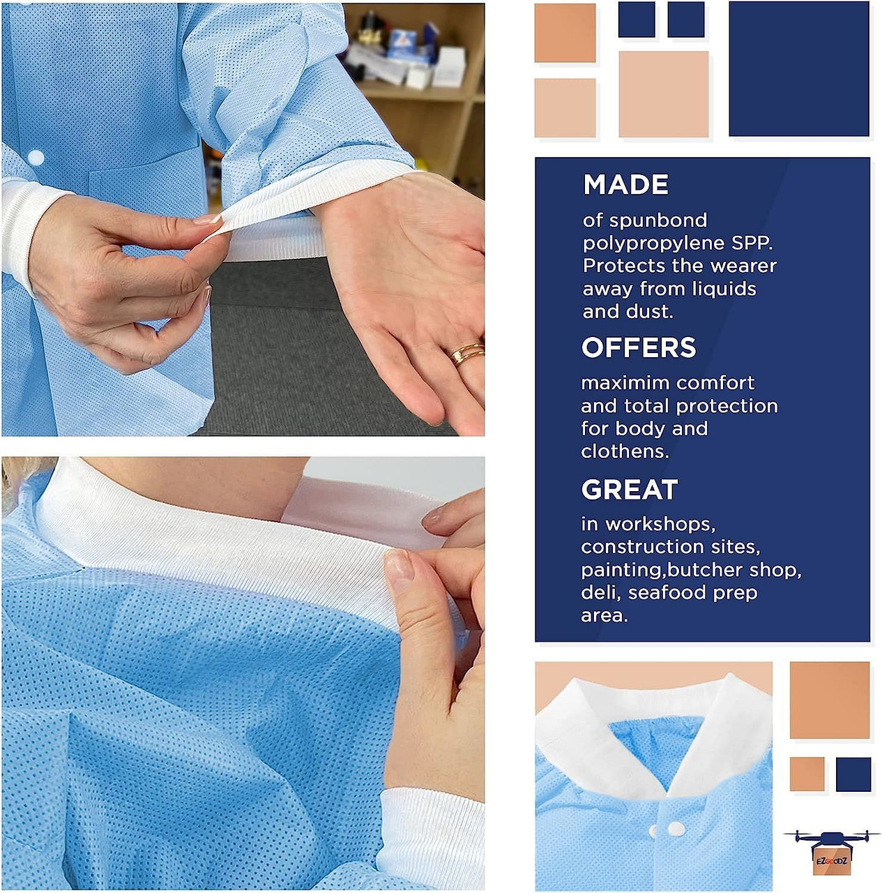 Disposable Lab Jackets 31" Long in Bulk. Pack of 100 Blue Hip-Length Work Gowns Large. SPP 45 gsm S