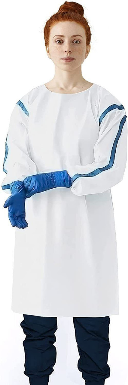 Disposable Gowns. Pack of 25 White Adult Isolation Gowns Large. 35 gsm SMS Medical Gowns with Tie B