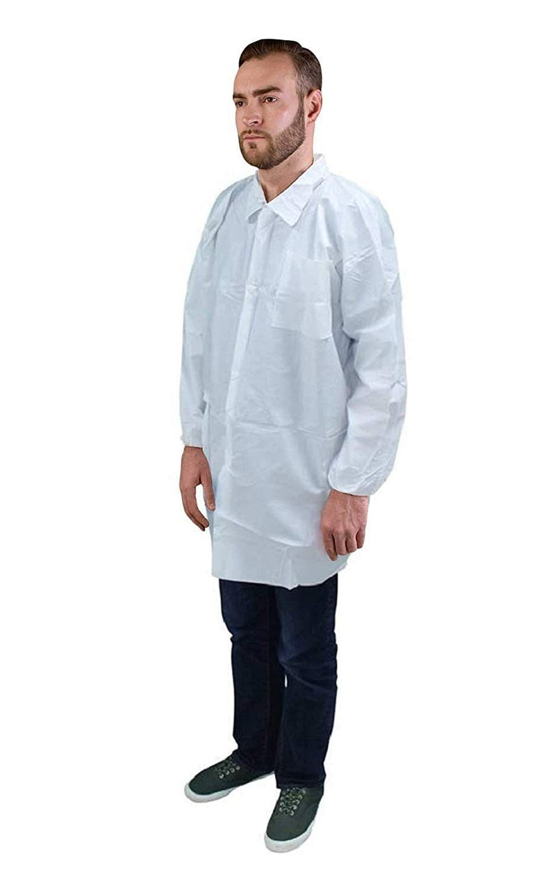 Pack of 5 White Lab Coats Large Size Elastic Wrists; Snap Front; 2 Pockets. Disposable Breathable P
