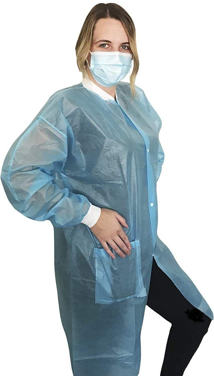 Disposable Lab Coats 40 gsm. Pack of 10 Blue Polyethylene Coated Polypropylene Gowns Large; 38". Fl