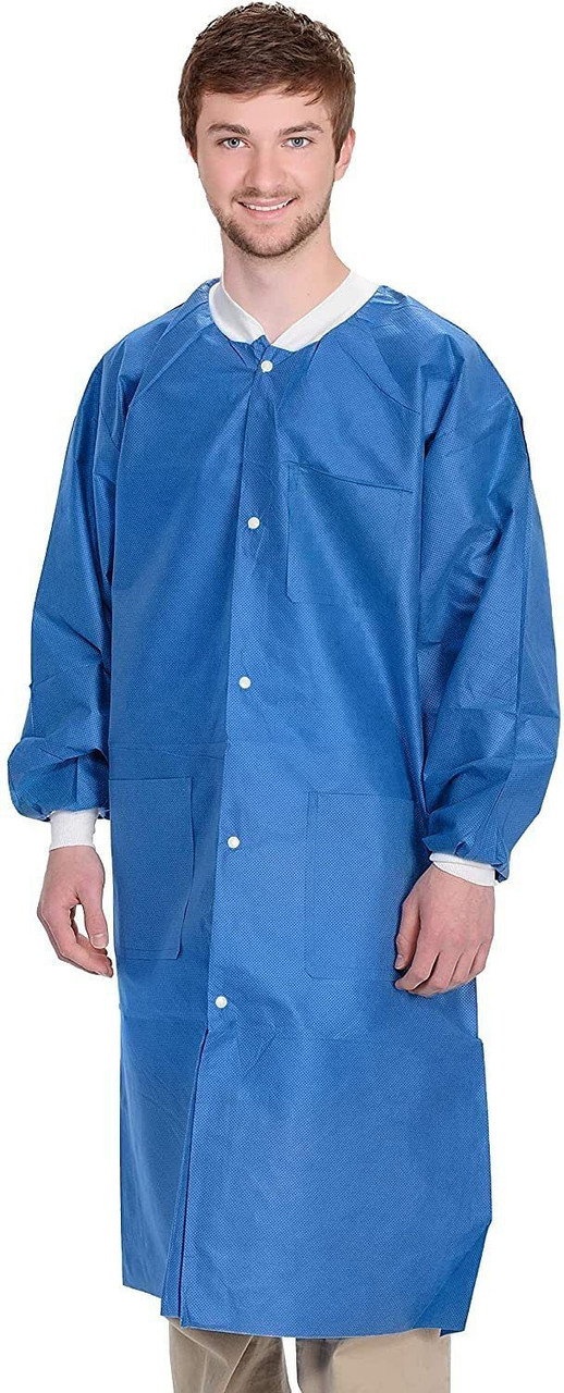 Disposable Lab Coats; 39" Long. Pack of 10 Blue Adult Work Gowns Large. SMS 40 gsm PPE Clothing wit
