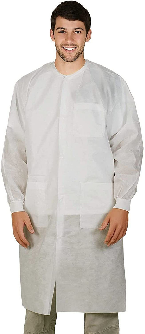 Disposable Lab Coats. Pack of 10 White SPP 45 gsm Work Gowns X-Large. Protective Clothing with Snap