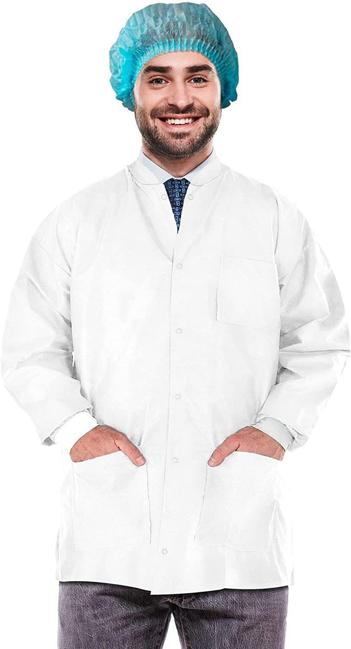 Disposable Lab Jackets; 32" Long. Pack of 10 White Hip-Length Work Gowns X-Large. SMS 50 gsm Shirts