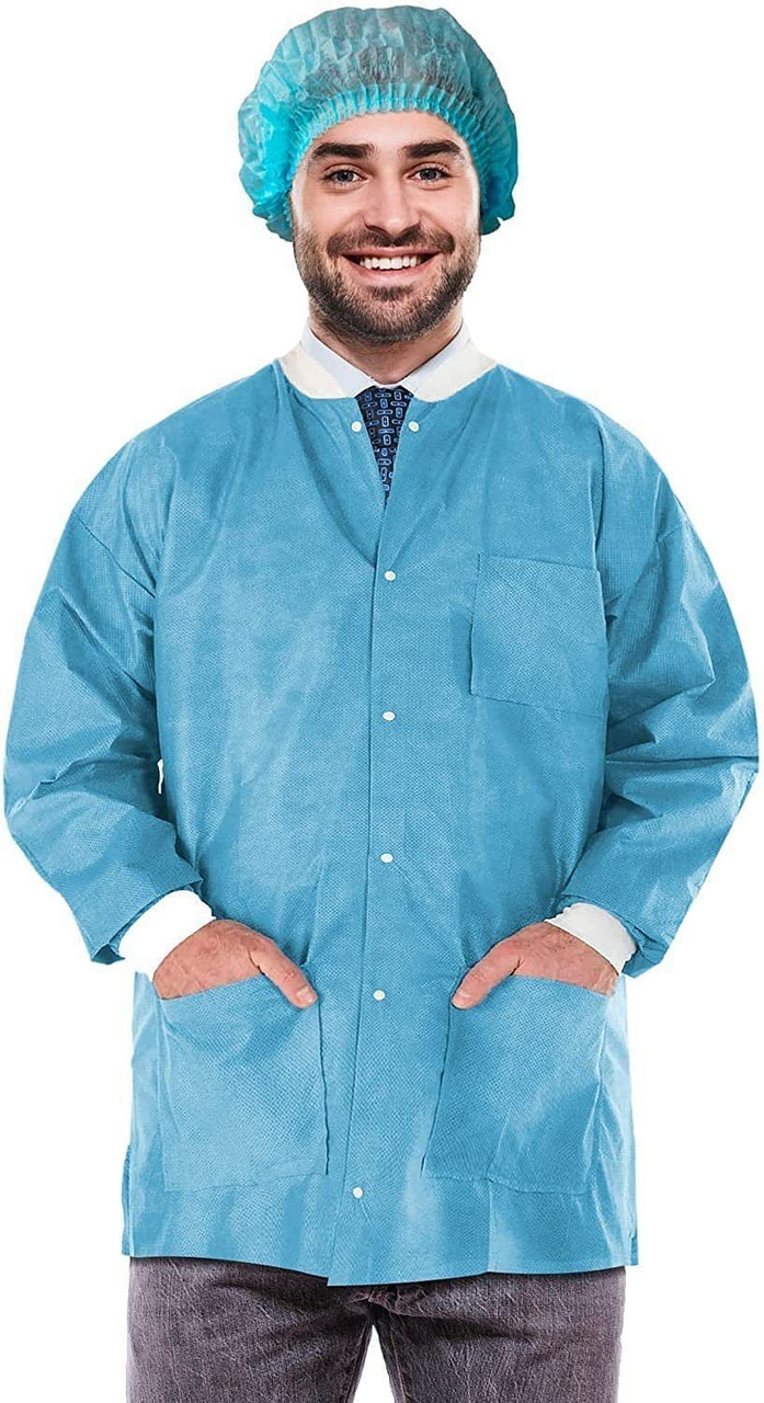 EZGOODZ Disposable Lab Jackets; 29" Long. Pack of 100 True Blue Hip-Length Work Gowns Small. SMS 50