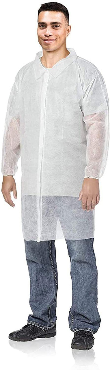 Disposable Lab Coats Pack of 120 White Medium Adult Polypropylene 35 GSM Lab Clothing No Pockets Lo